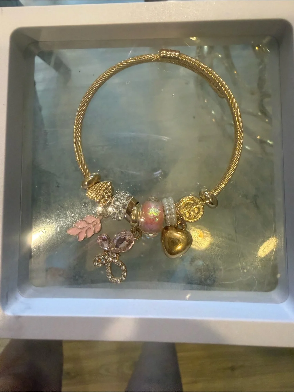 Gold Charm Bracelet with Pink and Crystal Accents